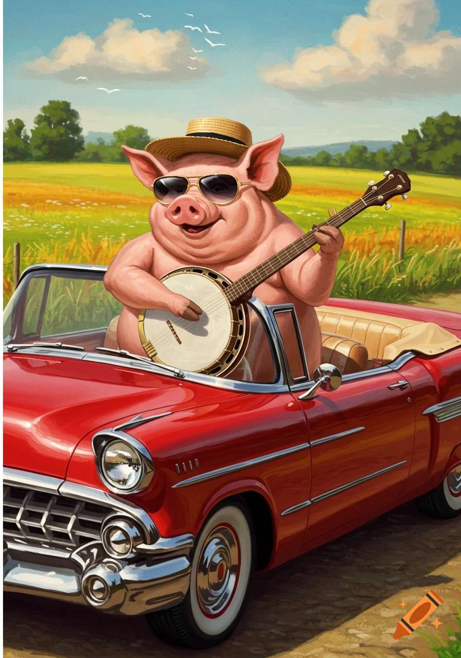A smiling pig wearing a straw hat and sunglasses plays a banjo in a red vintage convertible car on a sunny day in a field.