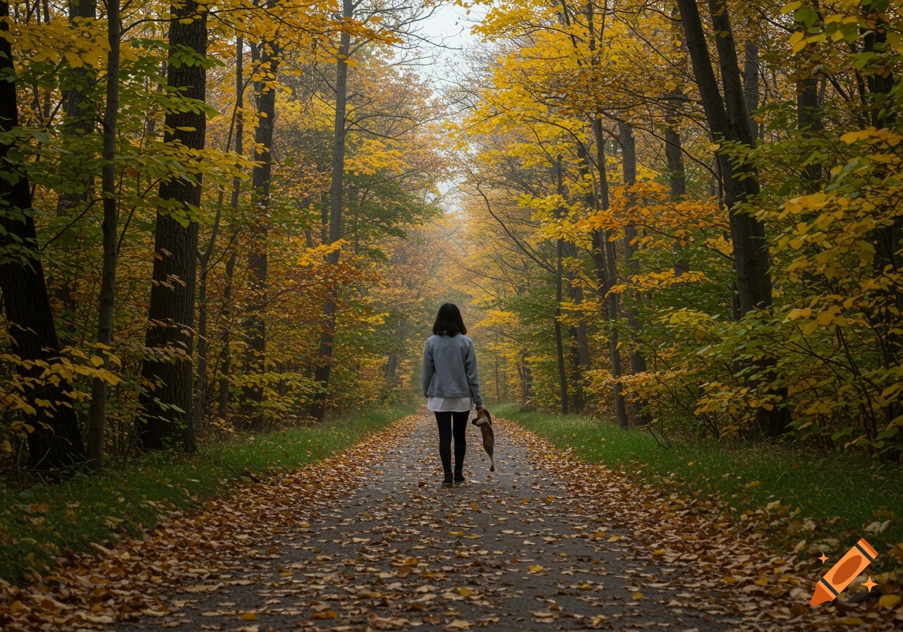 A person walking away on a leaf-covered path through a forest with vibrant yellow and green autumn trees.