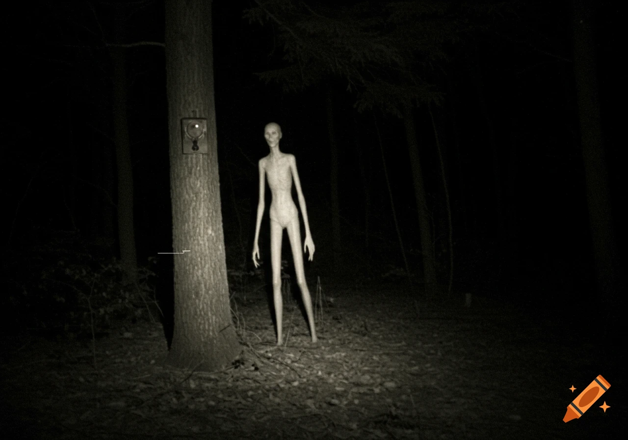 A pale, gaunt humanoid figure stands in a dark forest at night, illuminated by a light source, with a trail camera attached to a tree.