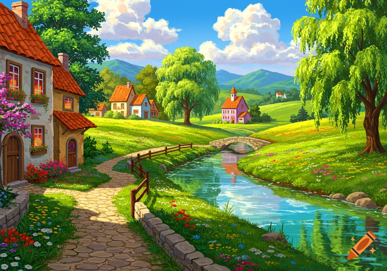A vibrant, colorful illustration of a quaint village with a winding river, stone path, houses, lush trees, and blooming flowers under a blue sky.