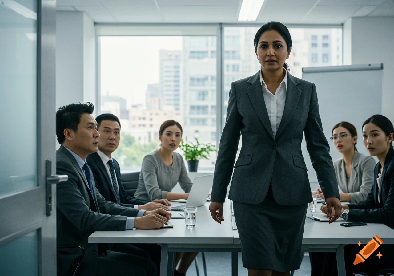 A woman in a suit walks into an office conference room where several people are seated at a table, looking surprised.