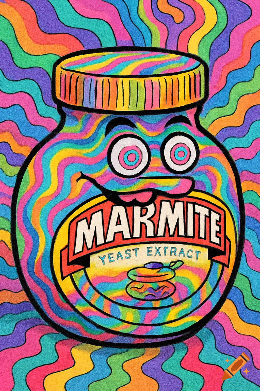 A psychedelic, trippy cartoon jar of Marmite with a smiling face and swirling colorful patterns.