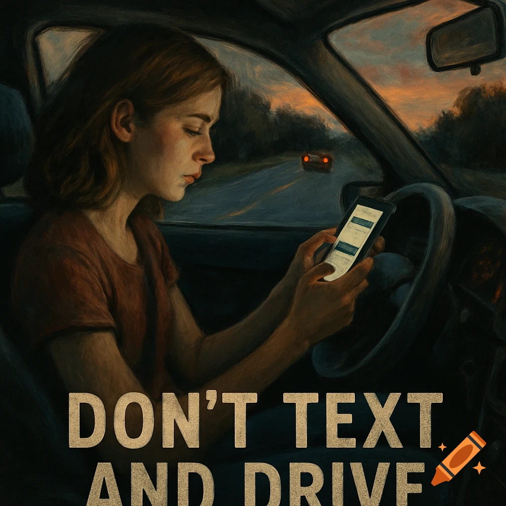 Painterly illustration of a woman texting while driving a car at dusk, with 'DON'T TEXT AND DRIVE' text.