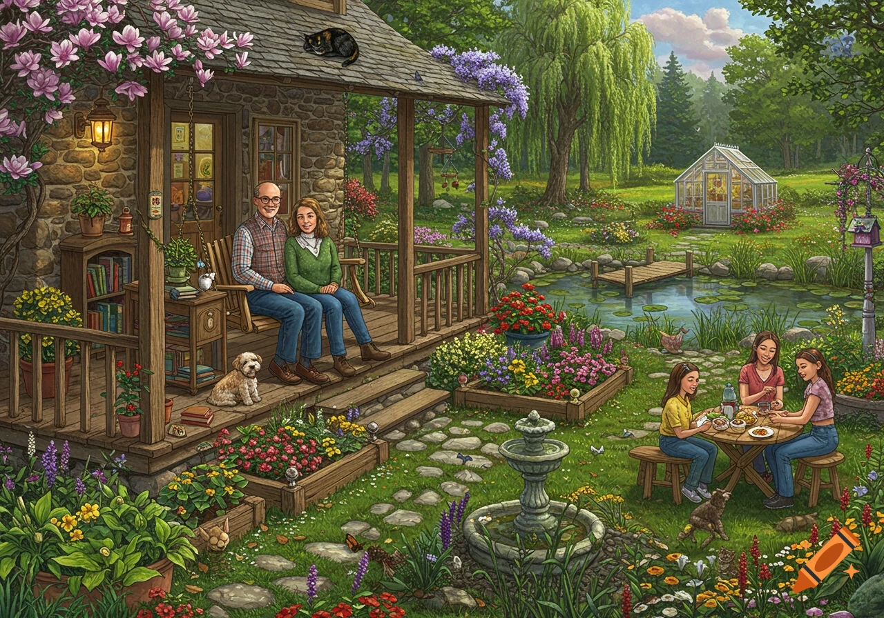 An idyllic, detailed illustration of a stone cottage with a porch, surrounded by lush gardens, a pond, and a greenhouse. A couple sits on the porch swing with a dog, while three girls picnic by the pond.