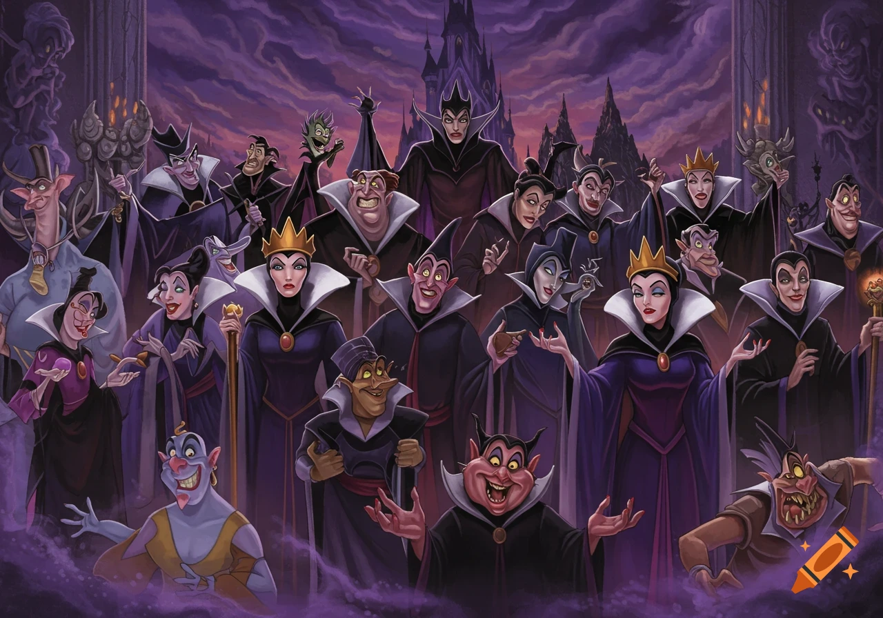 A large group of iconic Disney villains from various animated films gathered in a dark, ominous castle setting.