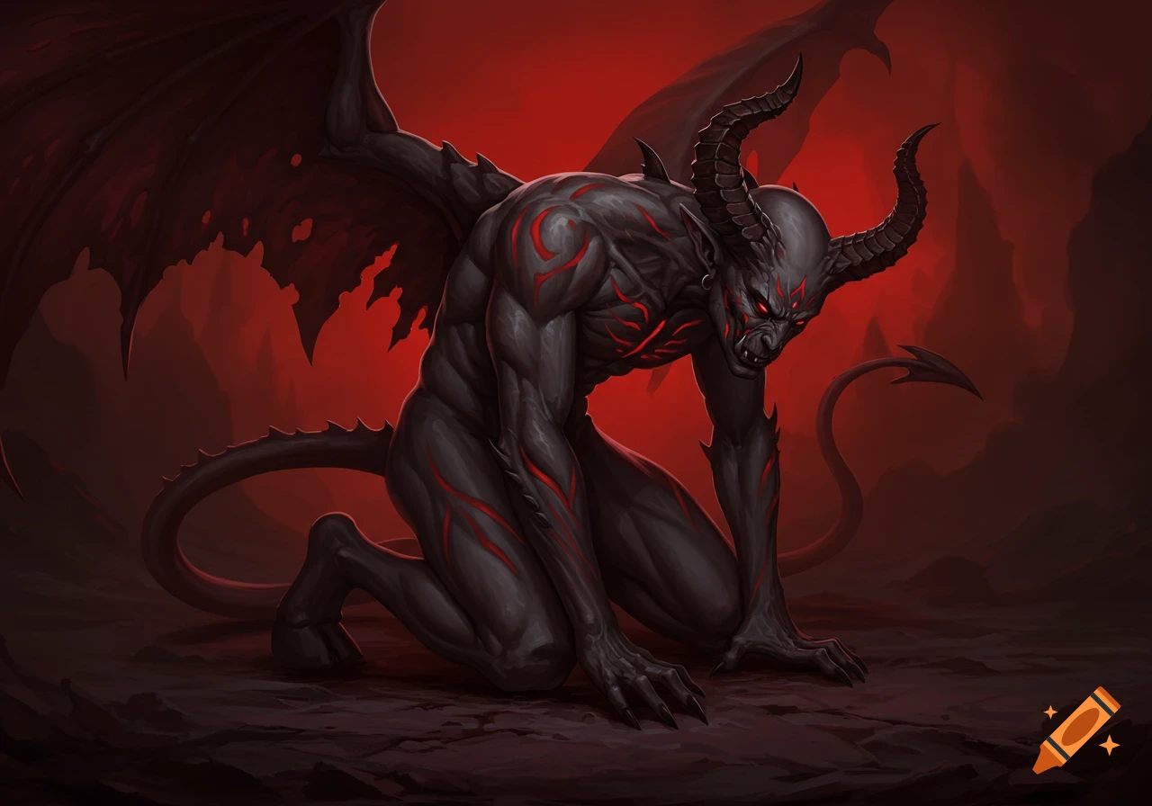 A dark gray demon with red eyes, horns, and wings kneels on the ground in a red-lit, ominous cave.