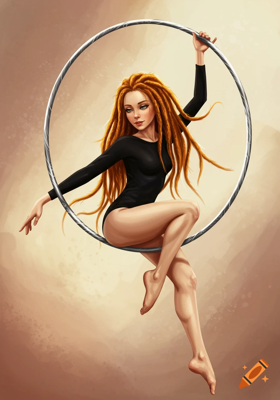 A young woman with long ginger dreadlocks sits gracefully on a silver aerial lyra hoop, looking over her shoulder.