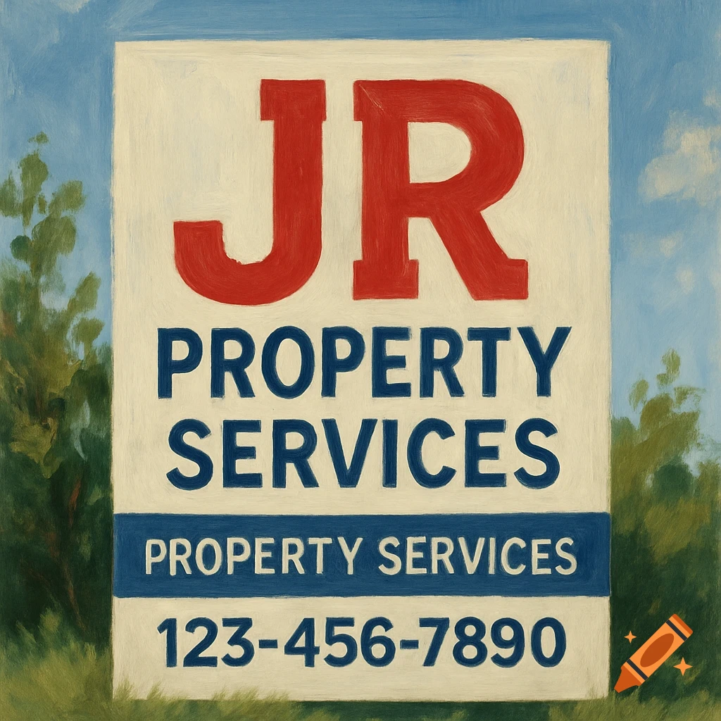 A painting of a white and blue sign for JR Property Services with a phone number, set against a background of trees and a blue sky.