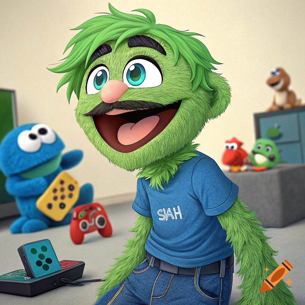A green furry muppet with a mustache, green hair, blue t-shirt, and jeans sits with gaming controllers and plush toys.