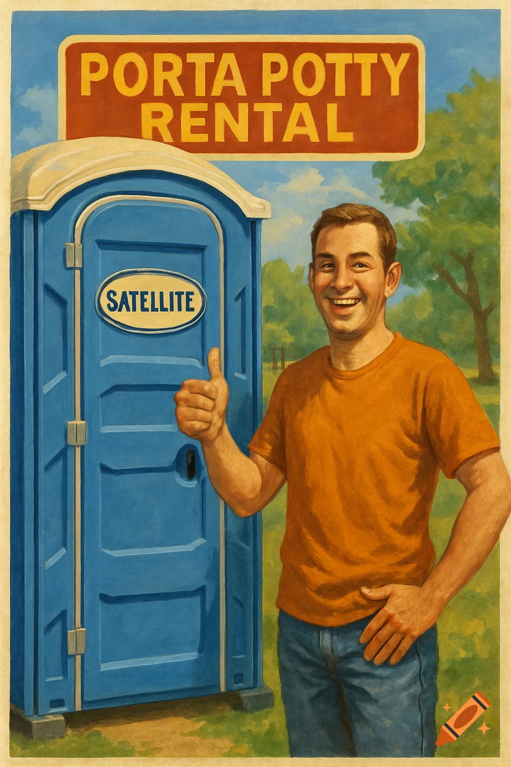 A smiling man gives a thumbs up next to a blue porta potty with a 'PORTA POTTY RENTAL' sign, in a painterly style.