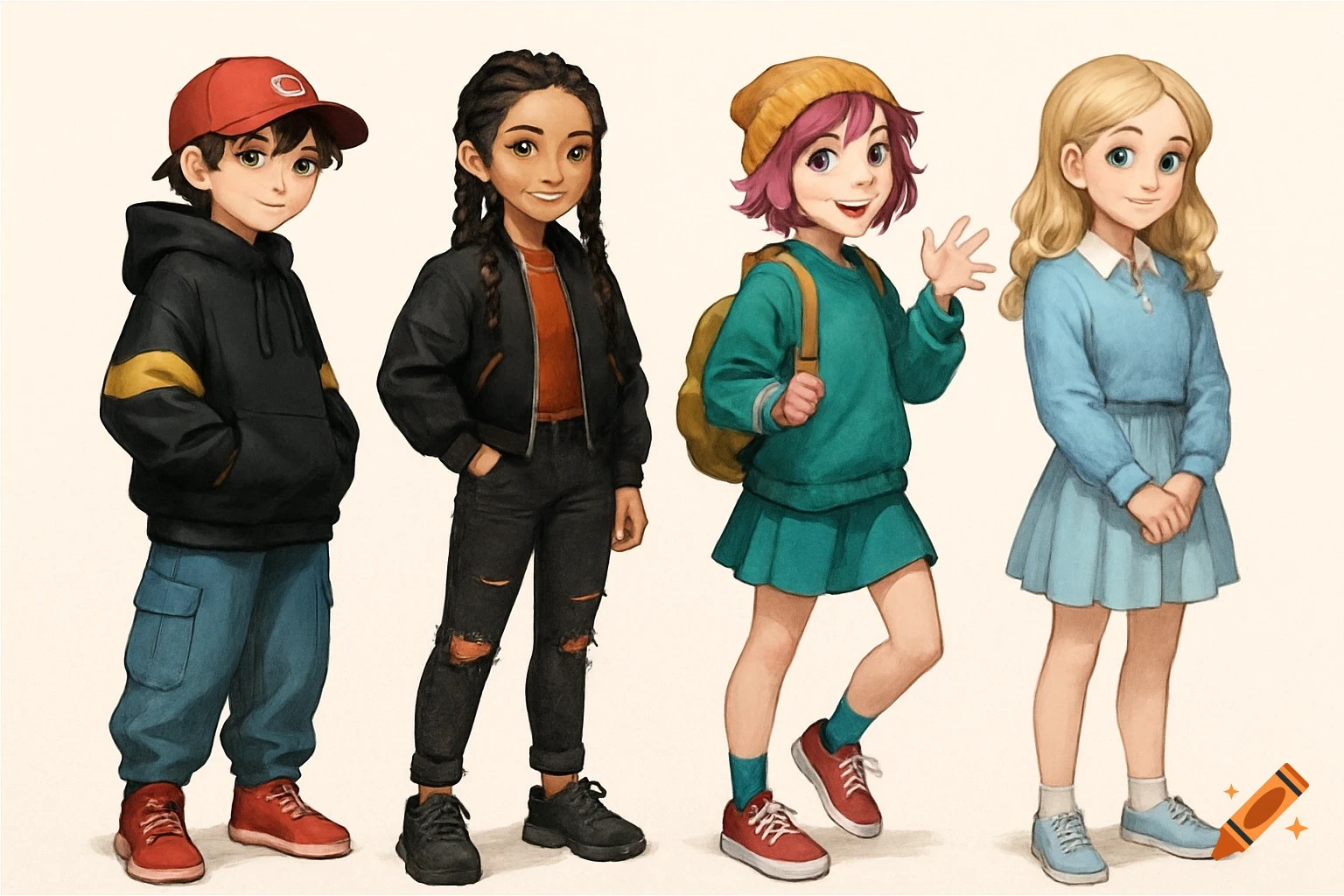Four diverse young characters in a cartoon illustration style, standing against a light background.