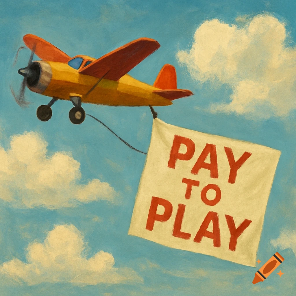 A painting of a yellow biplane flying in a blue sky with clouds, pulling a white banner that says 'PAY TO PLAY'.
