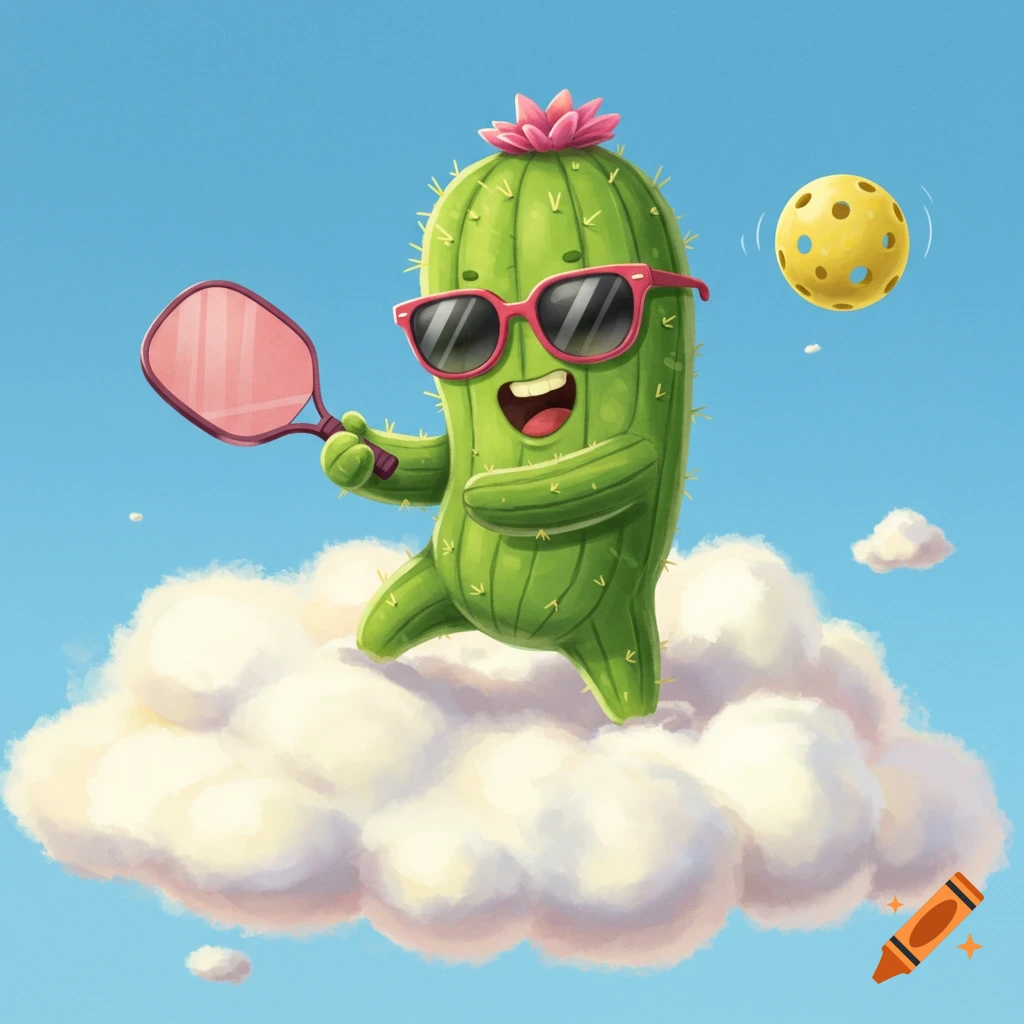 A smiling, cartoon cactus wearing sunglasses plays pickleball while standing on a fluffy white cloud in a blue sky.