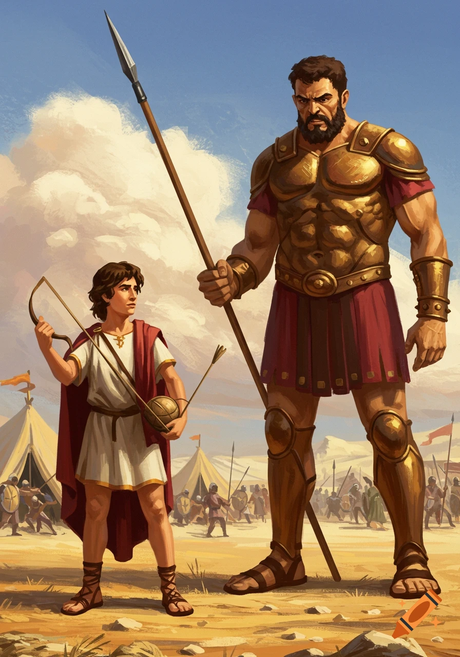 A young David with a sling faces the giant Goliath holding a spear in a desert camp, depicted in an illustrative style.