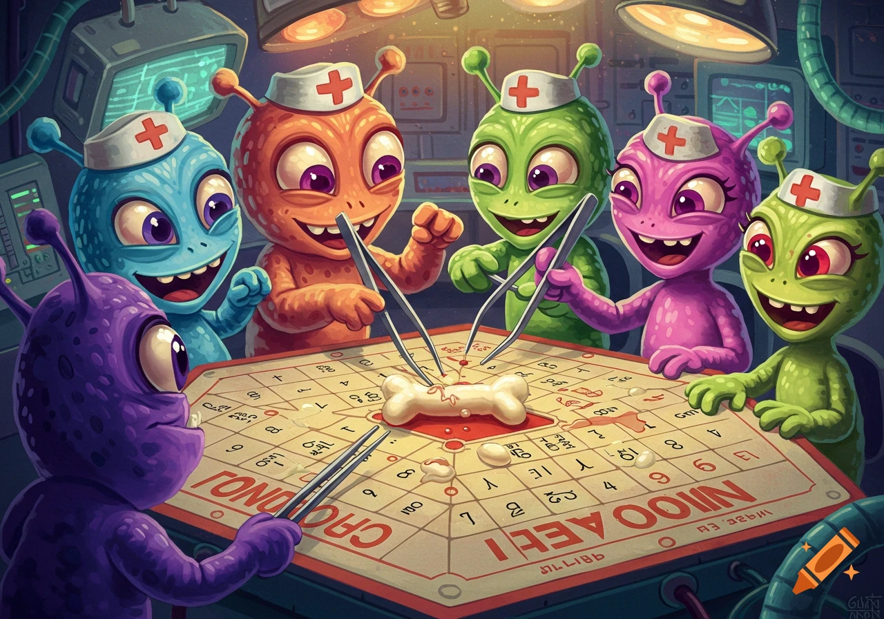 Cartoon aliens in nurse hats playing a board game with medical tools around a central bone-like piece, in a brightly lit room.
