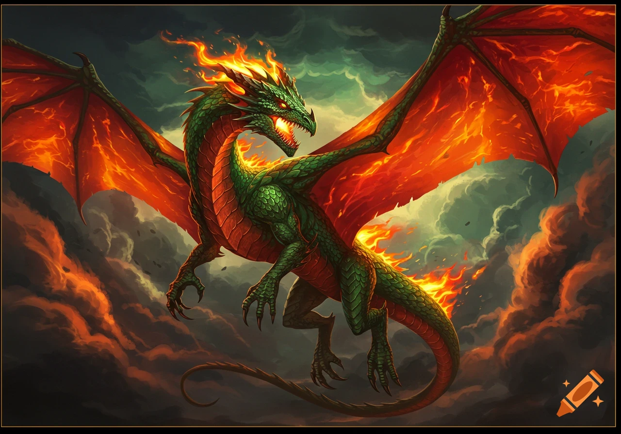 A majestic green dragon with large fiery red wings and flames around its head and tail flies through a cloudy, dark sky with orange-lit clouds.