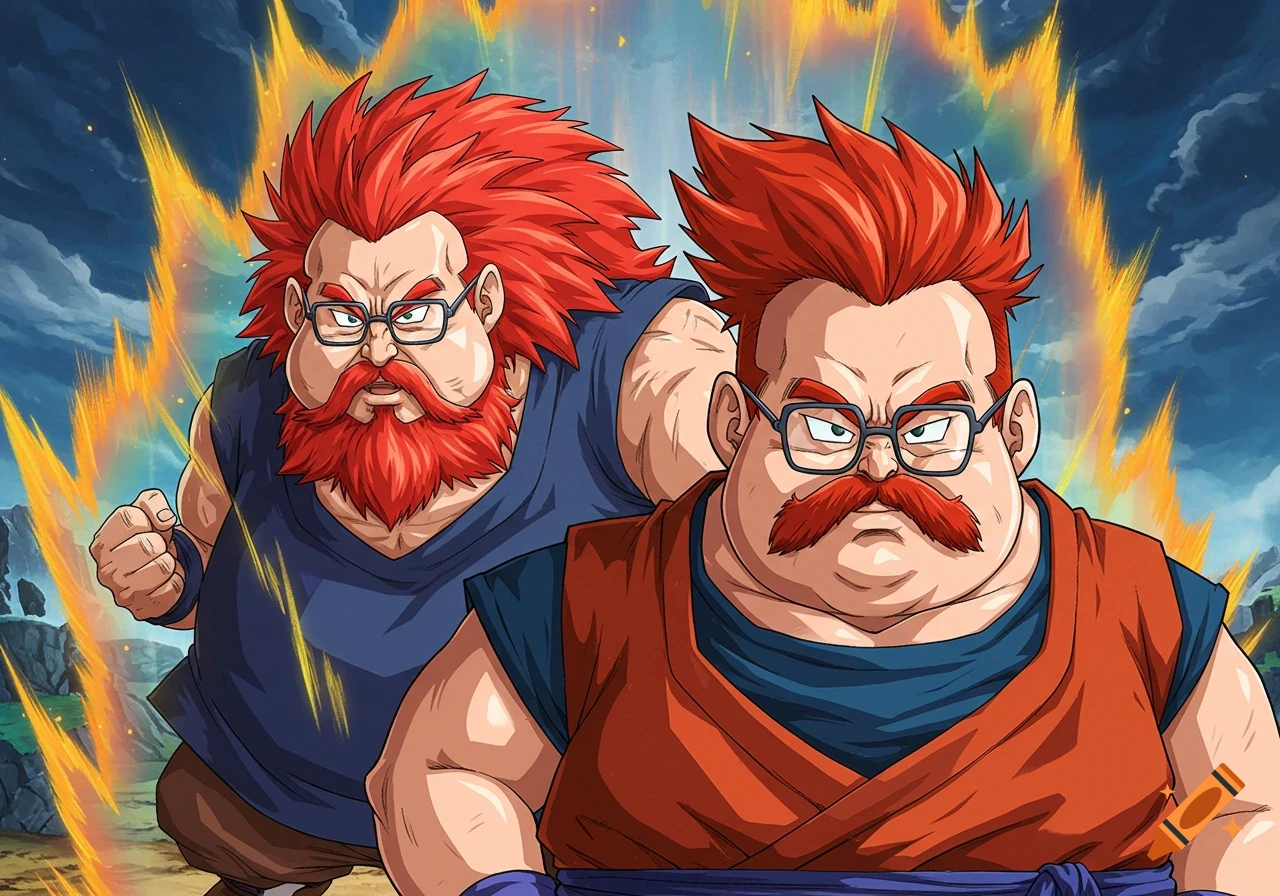 Two chunky, red-haired men with beards and glasses, in Dragon Ball Z style, pose intensely with a glowing energy aura.