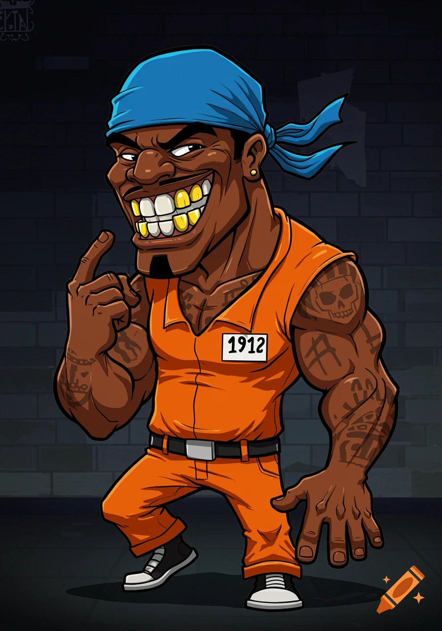 A cartoon character of a man in an orange prison suit, blue bandana, gold teeth, and tattoos, pointing a finger.