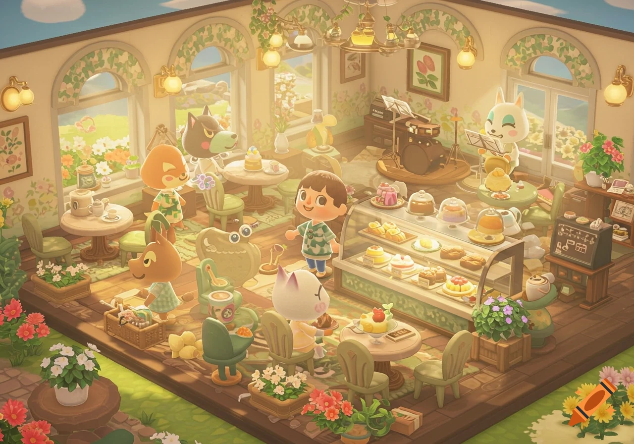 A bright, cozy, isometric cafe in Animal Crossing style with cartoon animal characters, pastries, and a band.