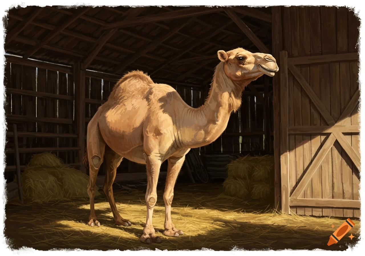 A light brown camel stands inside a dimly lit wooden barn, illuminated by sunlight streaming onto the hay-covered floor.
