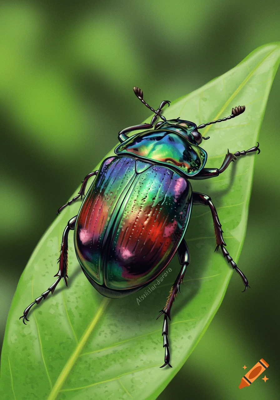 A vibrant, iridescent beetle with shimmering multi-colored shell resting on a green leaf in a detailed illustration.
