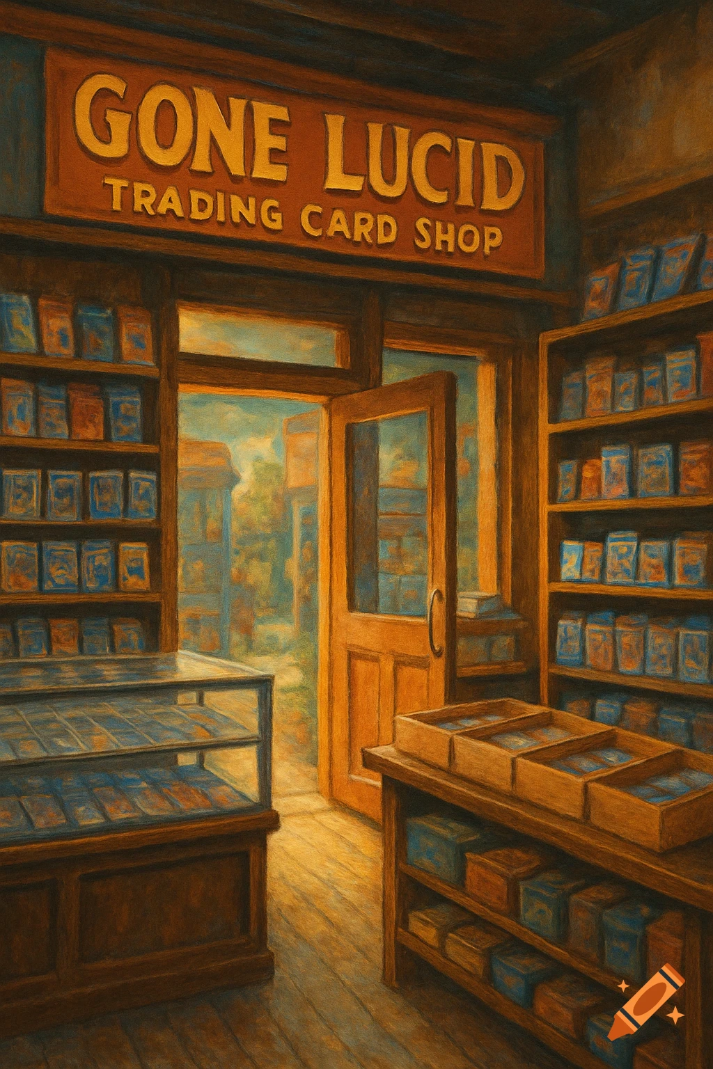 A painting of a vintage trading card shop interior, featuring shelves of cards, display cases, and an open door leading to an outdoor scene.