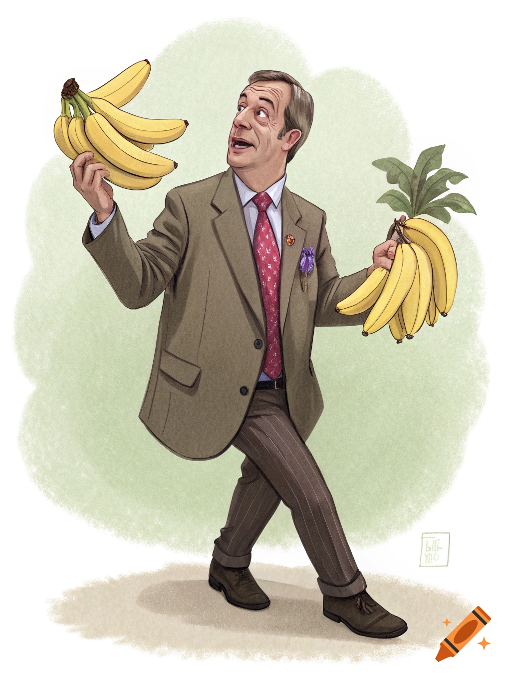 Caricature of Nigel Farage in a suit, holding two large bunches of bananas and looking up with a surprised expression.