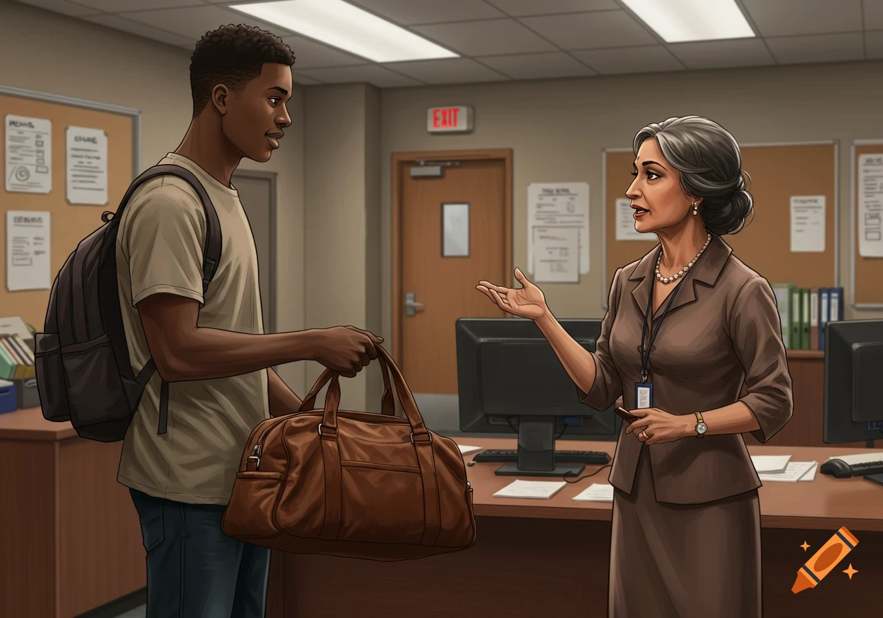 An illustrated scene of a young Black man handing a brown gym bag to an older Indian woman in an office.