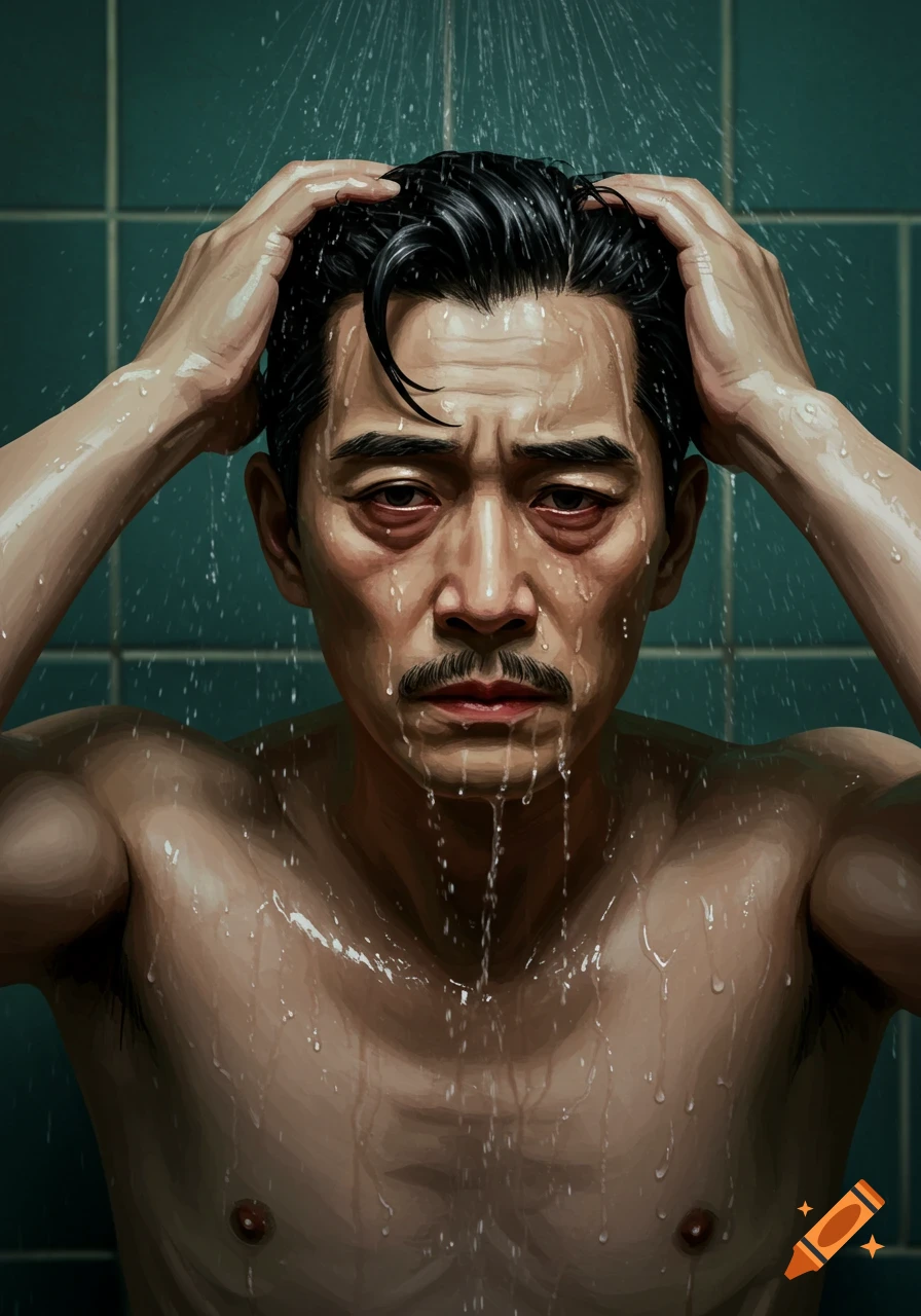 A close-up illustration of a distressed middle-aged Chinese man with a mustache, showering and running his hands through his wet hair.