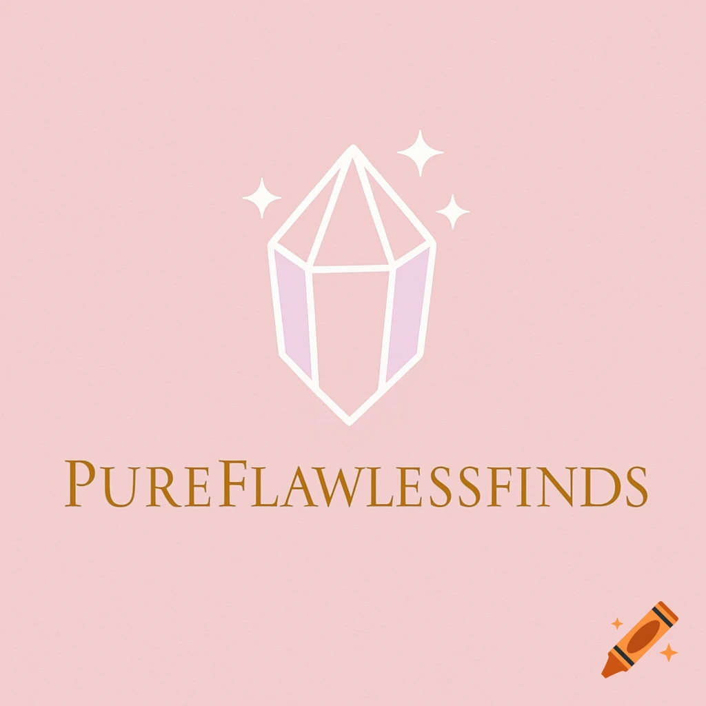 Minimalist logo with a white outlined crystal, lilac facets, and small stars on a pink background, with 'PUREFLAWLESSFINDS' in gold text.