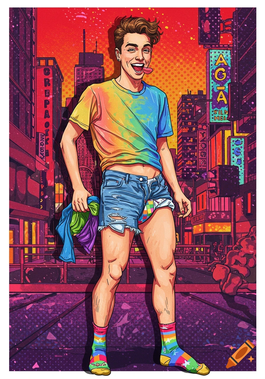 A smiling man in a vibrant pop art style, wearing a rainbow t-shirt, ripped shorts, and rainbow socks, standing in a city.