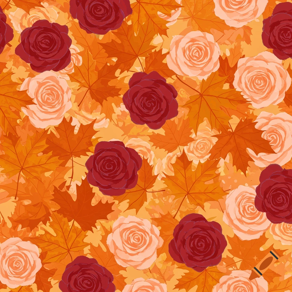 A seamless pattern featuring red and cream roses among orange and red maple leaves, in an illustrative style.