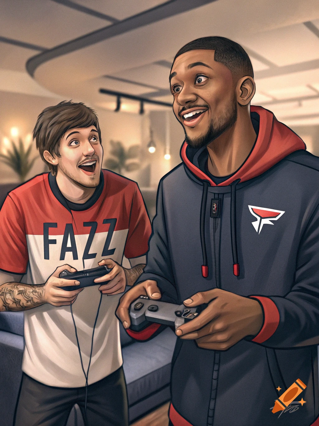 Two smiling men, one in a red and white "FAZZ" shirt and the other in a black and red hoodie, playing video games with controllers in an indoor setting.