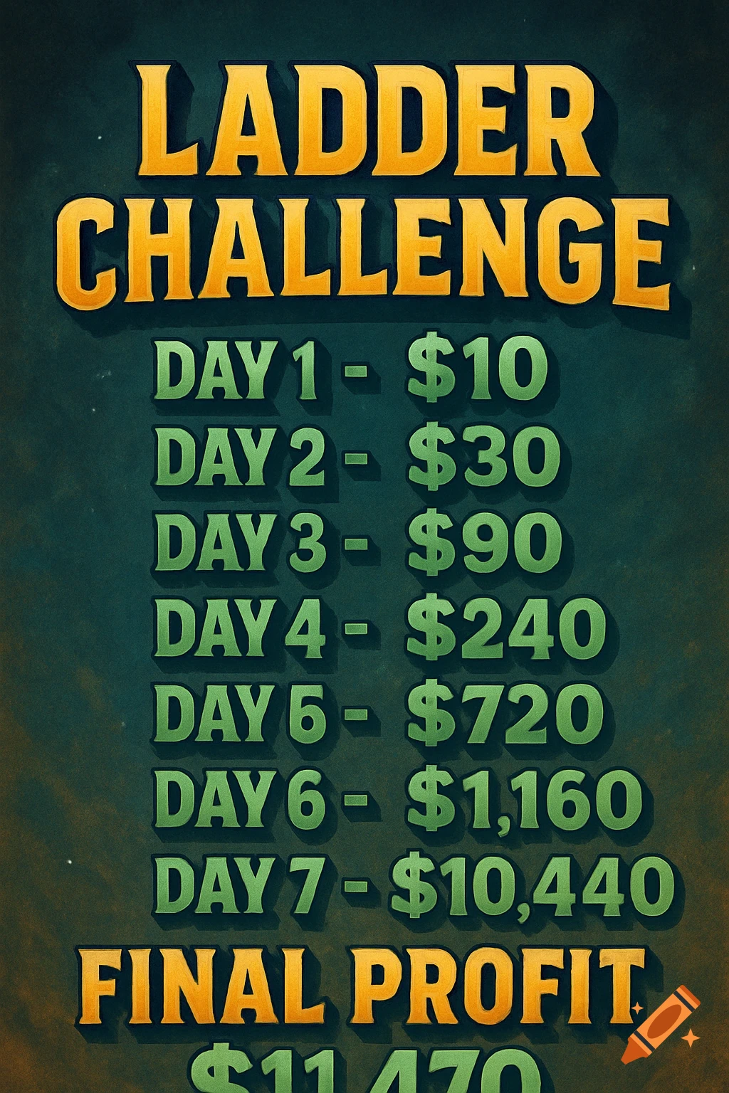 A green and yellow poster for a 'Ladder Challenge' displaying daily profit amounts increasing from Day 1 to Day 7, ending with 'FINAL PROFIT'.