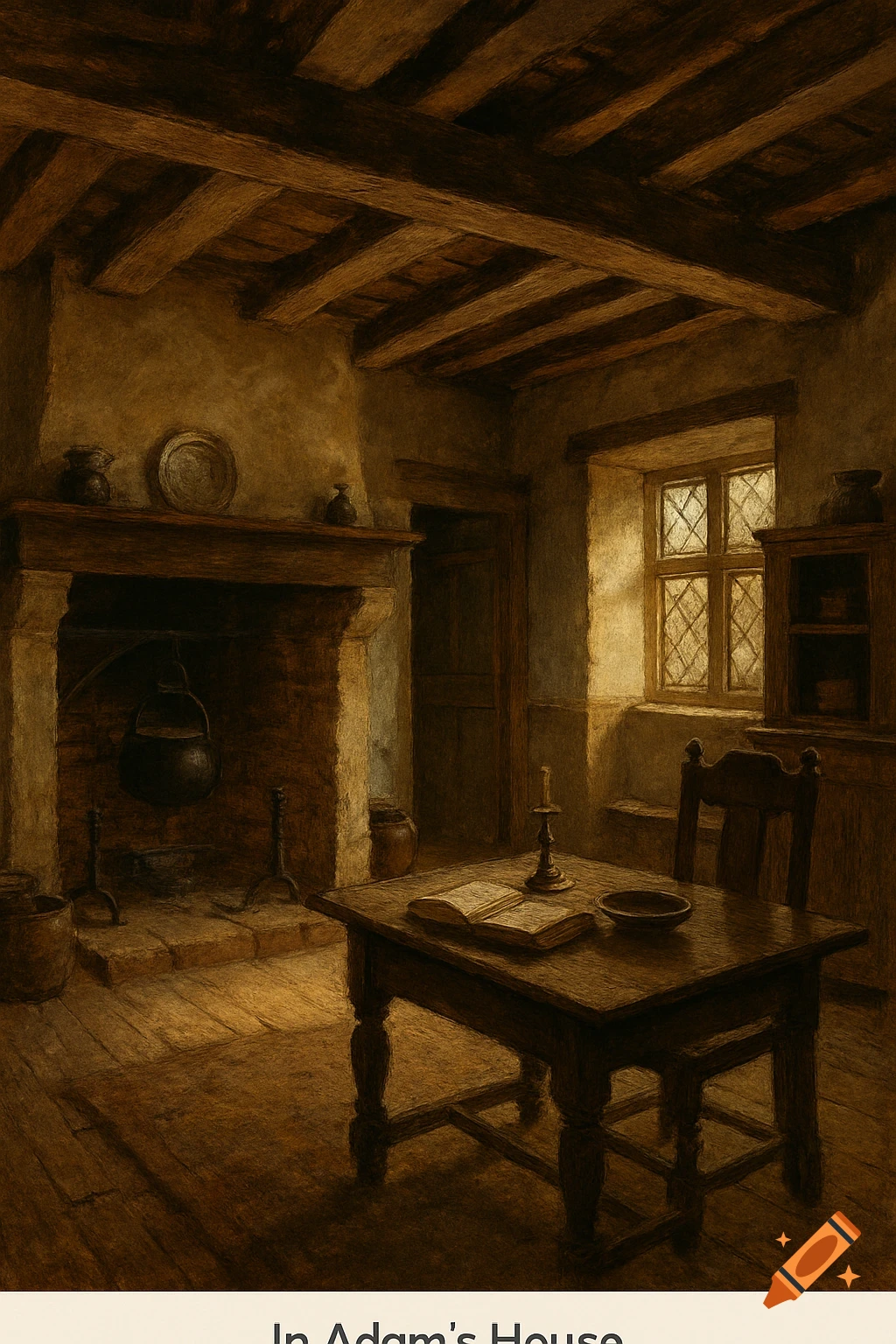 A rustic, dimly lit room with an open book on a wooden table, a fireplace, and a leaded glass window, in a painterly style.