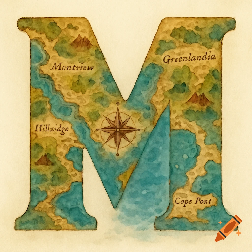 Watercolor illustration of the letter M designed as an old map, featuring land, water, mountains, a compass rose, and legible place names.