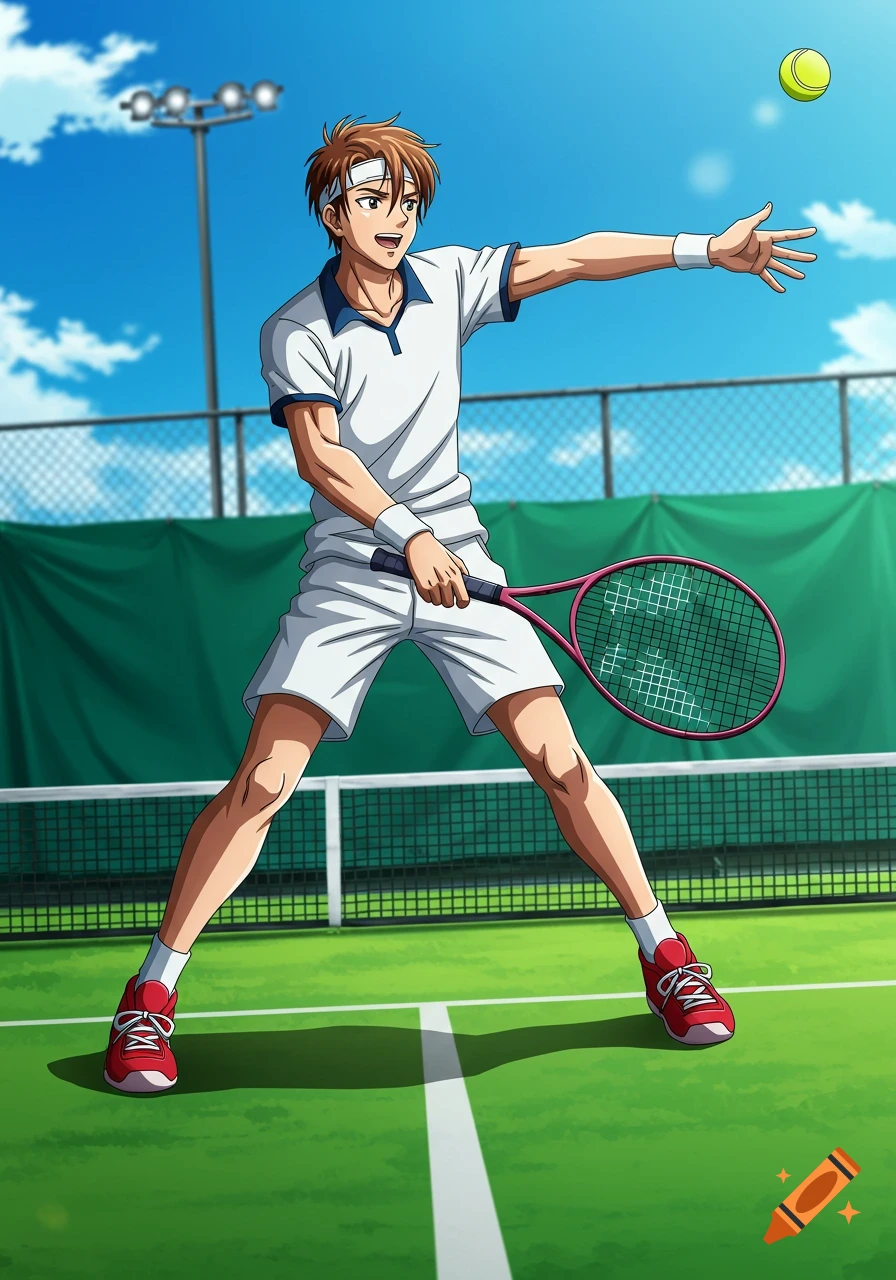 Anime style male tennis player in a white uniform holding a racket, ready to serve on a green tennis court.