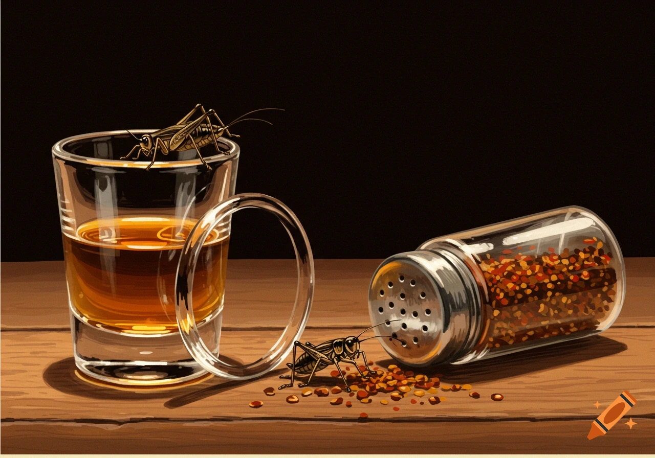 Two crickets on a wooden bar, one on a shot glass and another by a spilled pepper shaker filled with red pepper flakes.