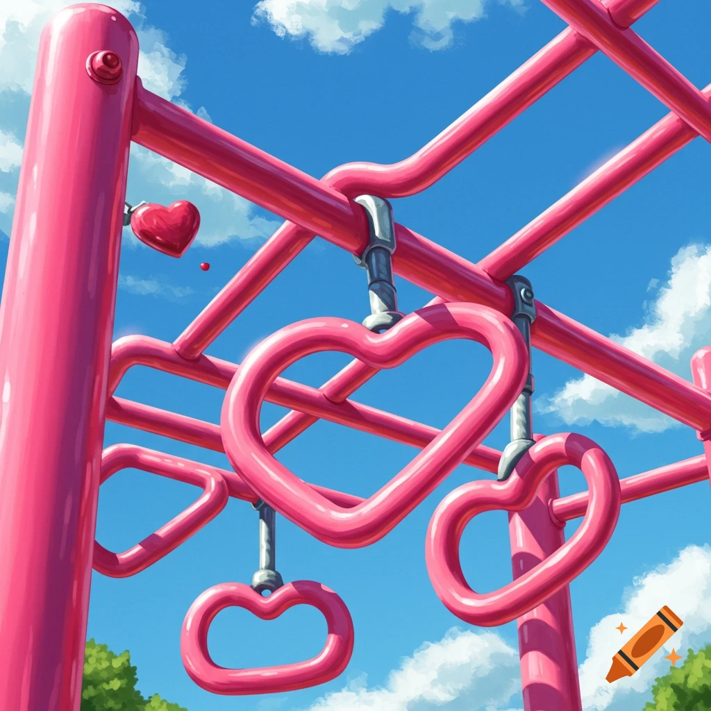 Pink monkey bars with heart-shaped handles under a bright blue sky with white clouds, with a floating red heart.