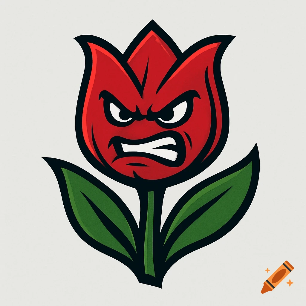 A red tulip with a cartoonishly angry face, designed as a sports logo.