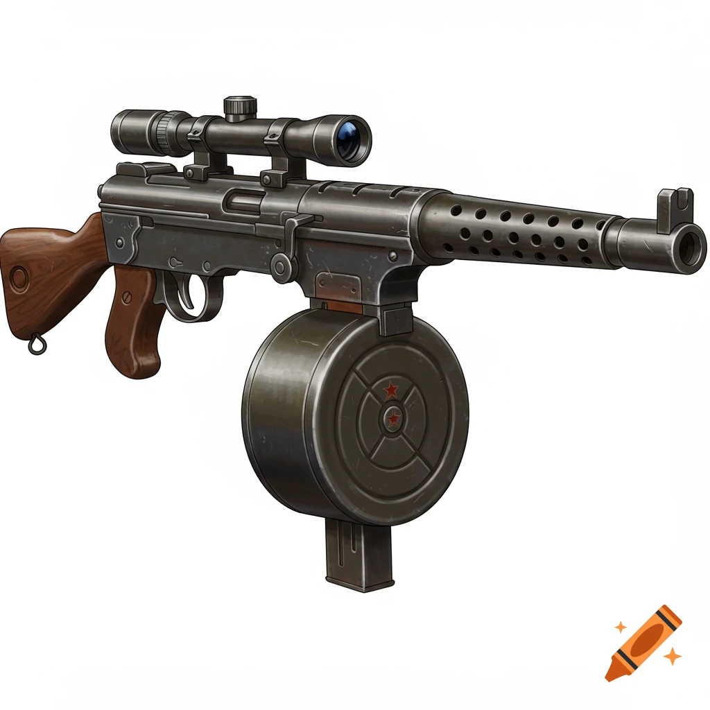 A realistic scoped Soviet PPSH-41 machine gun with a drum magazine on a white background.