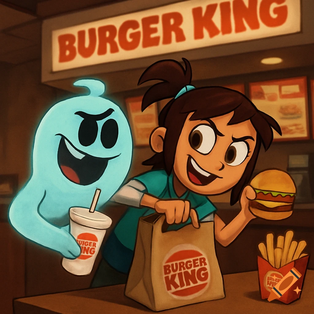 Cartoon of The Ghost and Molly McGee at Burger King. Molly holds a burger and bag, the ghost holds a drink.