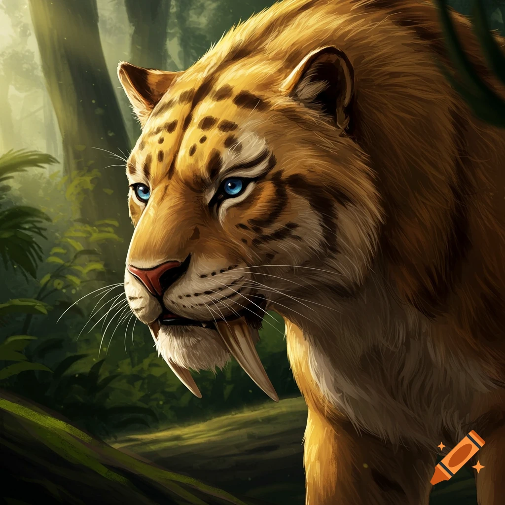 A majestic saber-toothed tiger with blue eyes looks intently to the left in a lush, green jungle, rendered in a detailed, realistic style.