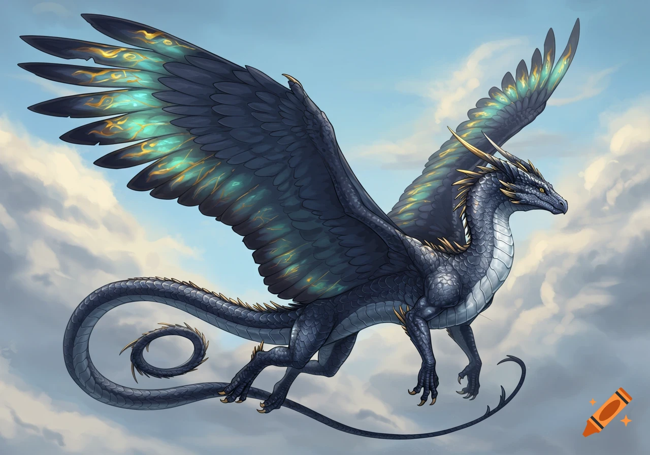 A majestic dark blue dragon with iridescent teal and gold wings soars ...