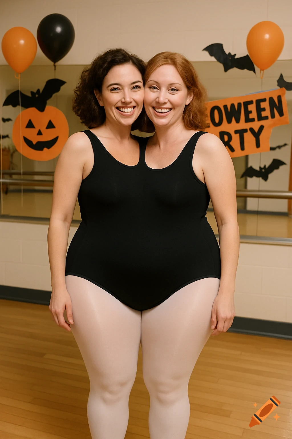 Two smiling women, appearing conjoined into one body in a black leotard and white tights, stand in a studio decorated for a Halloween party.