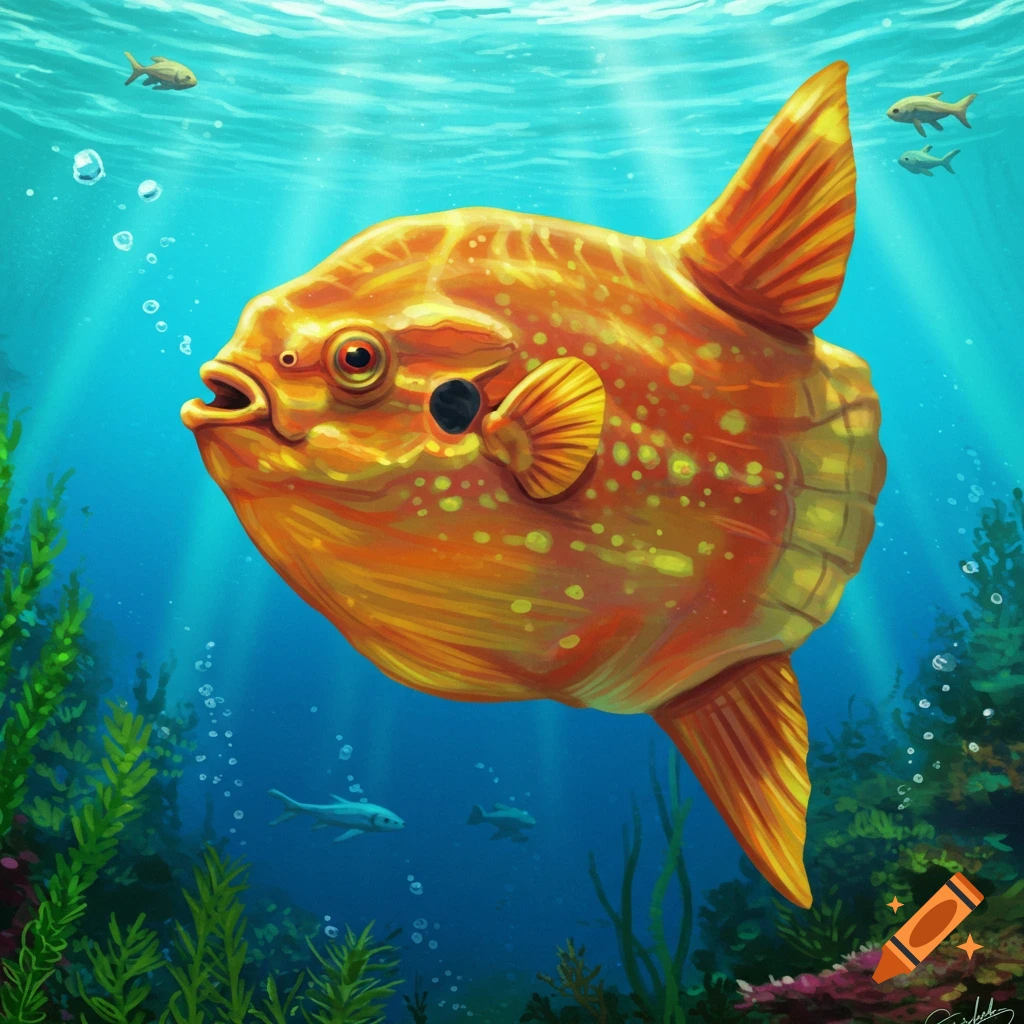 A vibrant, golden sunfish with orange fins swims underwater among green seaweed and coral, with smaller fish and bubbles.