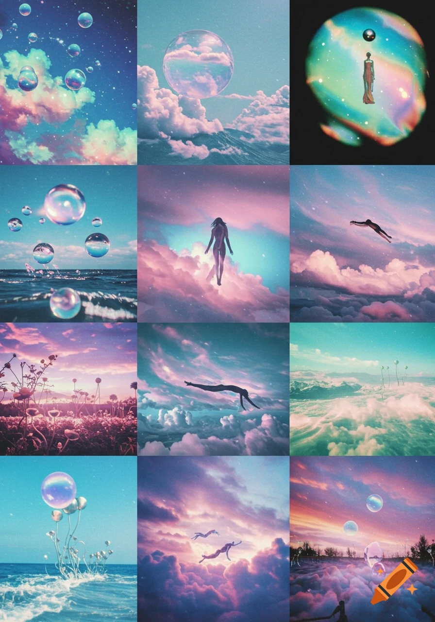 A photo collage of iridescent bubbles, pastel clouds, and ethereal figures floating through dreamlike landscapes.
