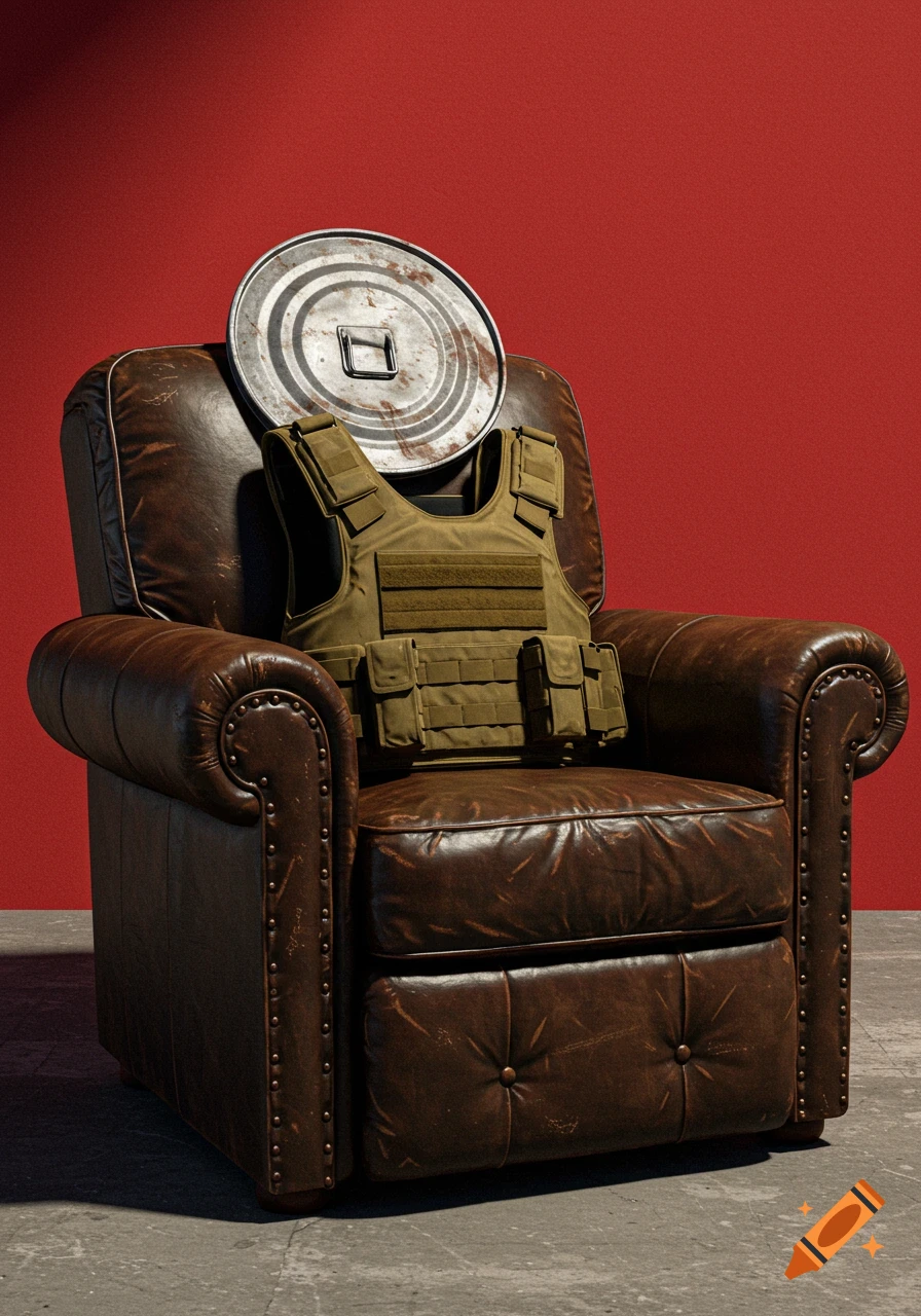 A brown leather recliner with a green bulletproof vest and a metal trash can lid on its back, set against a red wall.