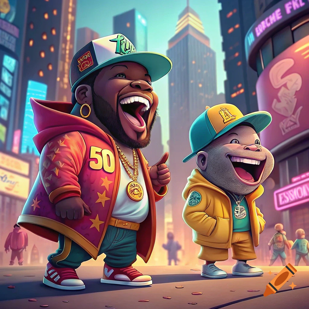 Two smiling cartoon characters, one resembling 50 Cent, stand on a city street with skyscrapers.