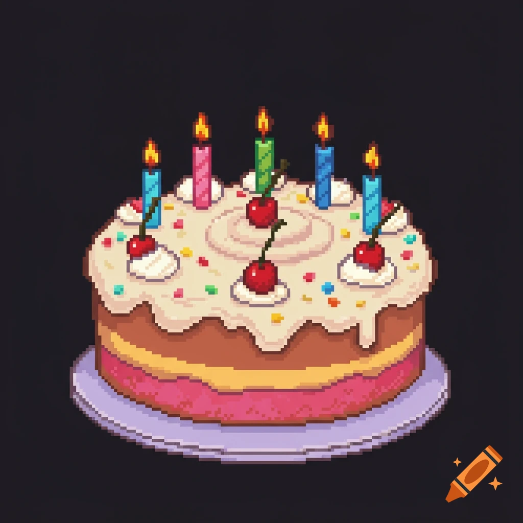 Vibrant pixel art birthday cake with lit candles and cherries on a purple plate.